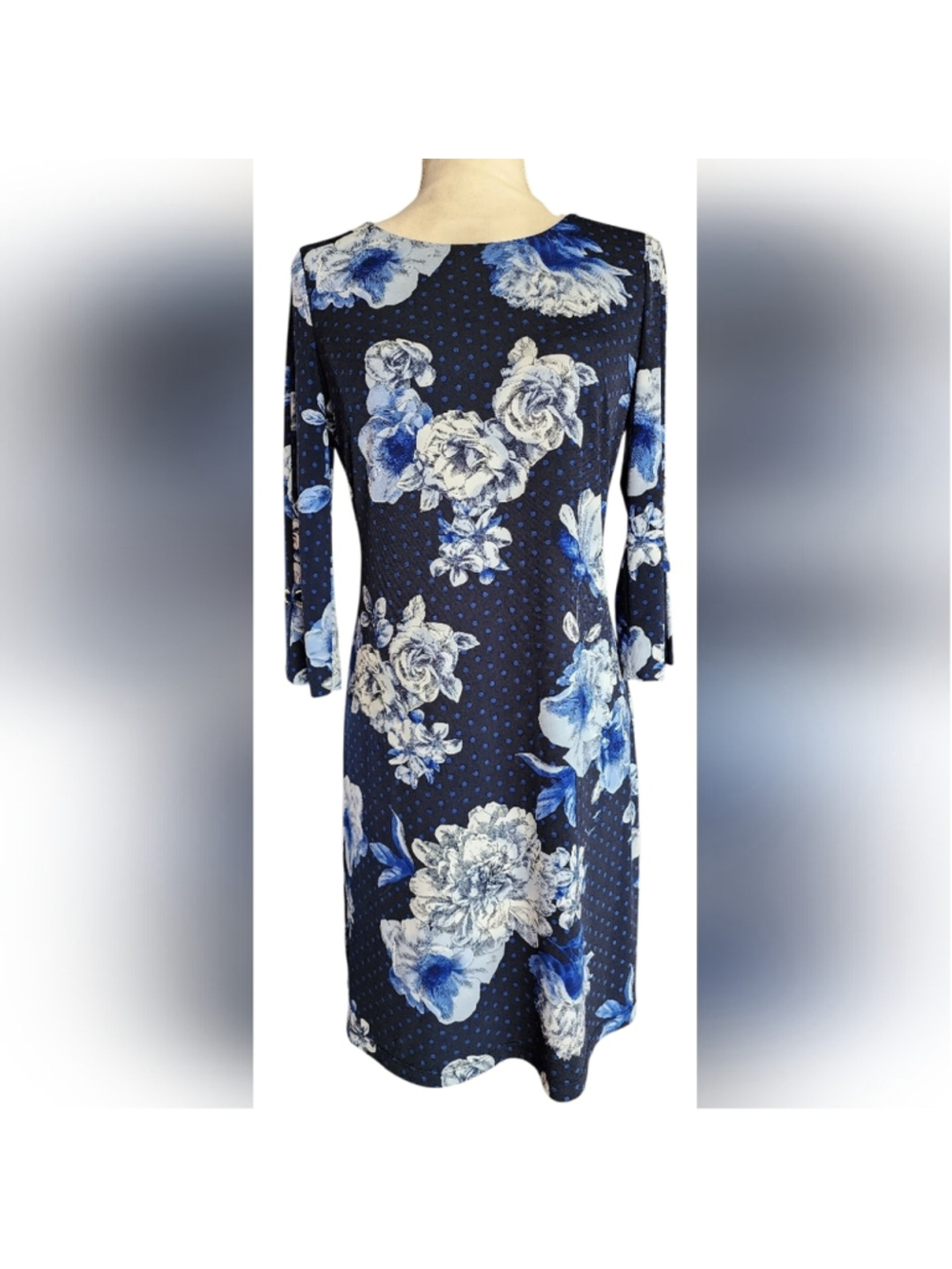 Tommy Hilfiger Navy Blue Floral Polka Dot Sheath Dress Size 2 Bell Sleeve